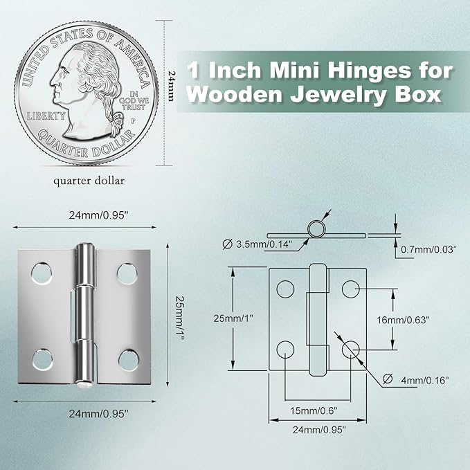 14 Sets Small Hinges with Screws, Stainless Steel Jewelry Box Hardware Hinges Silver, 1 Inch Mini Hinges for Wooden Box, Miniature Folding Butt Hinges, Small Hinge Metal