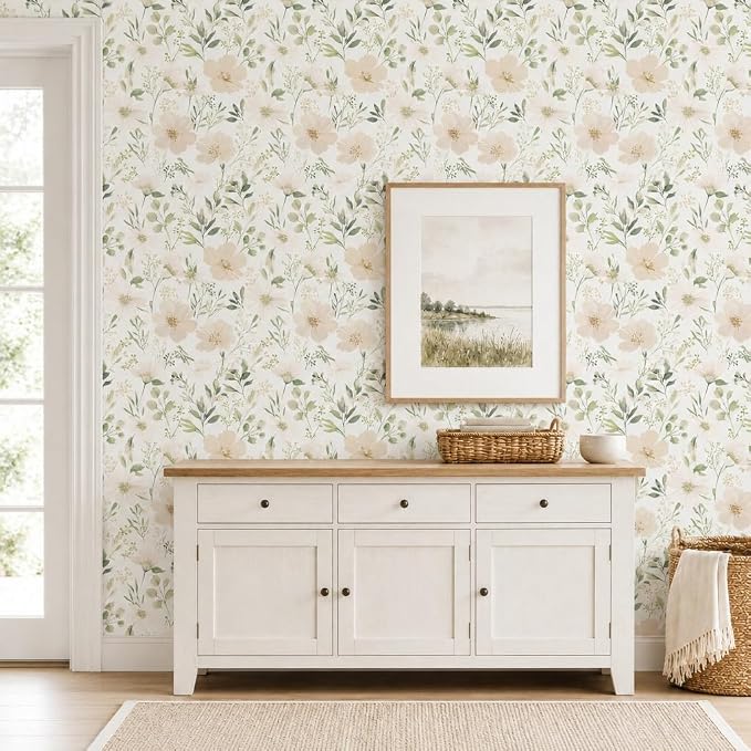 Floral Peel and Stick Wallpaper 17.7in x 70.8in | Watercolor flower removable self adhesive design for cottagecore bedroom accent walls