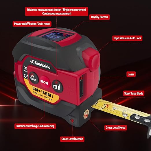 Laser Tape Measure 3 in 1 with Laser Level Crosshairs |196ft/60m Laser Distance+16ft/5m AutoLock Tape |Backlit LCD Display (Ft/Inch/M/mm) |for DIY,Construction, Interior Design (Red)