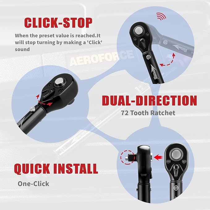AEROFORCE 1/4 & 3/8 & 1/2-inch Drive Click Torque Wrench, 3Pcs Torque Wrench Set 4-20Ft.lb, 5-45Ft.lb, 15-165Ft.lb 72-Tooth Dual Scale for Bike, Moto, Car Repair