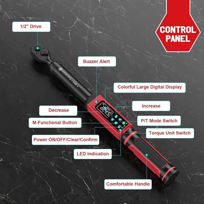 1/2-Inch Drive Digital Torque Wrench, 3.8-250.8Ft.Lb, for Lug Nuts | Electronic Torque Wrench, 5.1-340Nm, ±1% Accuracy, Vibration/Buzzer/LED, 9 Presets & 5 Units, for Suspension & Truck Repair