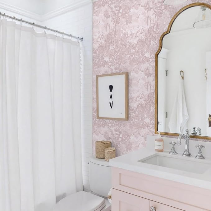 Ismoon Pink Peel and Stick Wallpaper Neutral Wall Paper 17.3in×16.4ft Vintage Removable Self-Adhesive Wallpaper Animals Jungle Contact Paper for Cabinets Bathroom Walls Covering Vinyl Roll