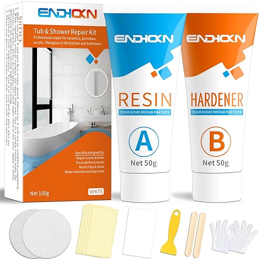 Bath Repair Kit White, Endhokn Enamel, Porcelain, Acrylic, Fiberglass, Ceramic Sink, Tub Tile Toilet Shower Kit & Tray & Chip & Pedestal Crack Hole Scratches Repair