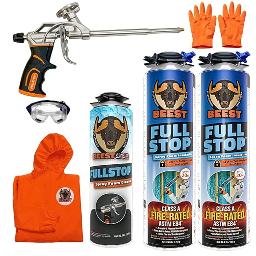 BEEST FullStop Spray Foam Insulation Kit - 40 Board ft/sq.ft. Fire Rated Spray Insulation Foam for Walls & Attics with Thermal & Soundproofing - Includes 2X Cans, 1 Cleaner, Pro X Gun, Safety Gear