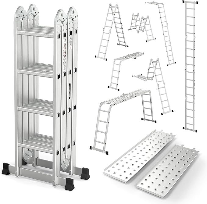15.5 FT Folding Ladder, LUISLADDERS Multi-Purpose Ladder, Aluminium Extension Ladders 7 in 1 Heavy Duty Combination EN 131 Standard