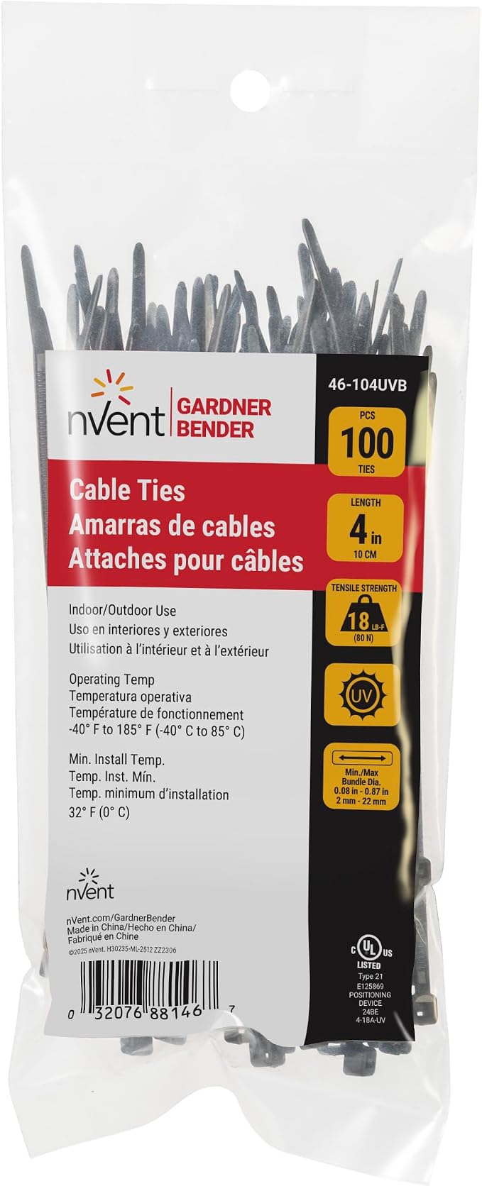 Gardner Bender 46-104UVB Cable Tie, 4 inch, 18 lb, Electrical Wire and Cord Management, Nylon Zip Tie, 100 Pk, UV Resistant Black