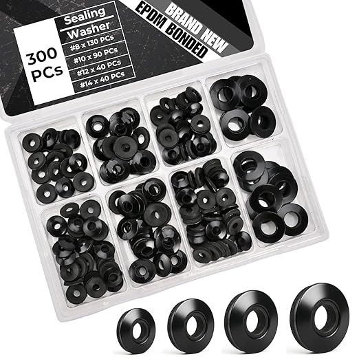300 PCs #8# 10#12#14 EPDM Bonded Sealing Washers Assortment, 304 Stainless Steel Screw Washers for Roofing & Metal Panels, Black Multi-Size Fastener Set
