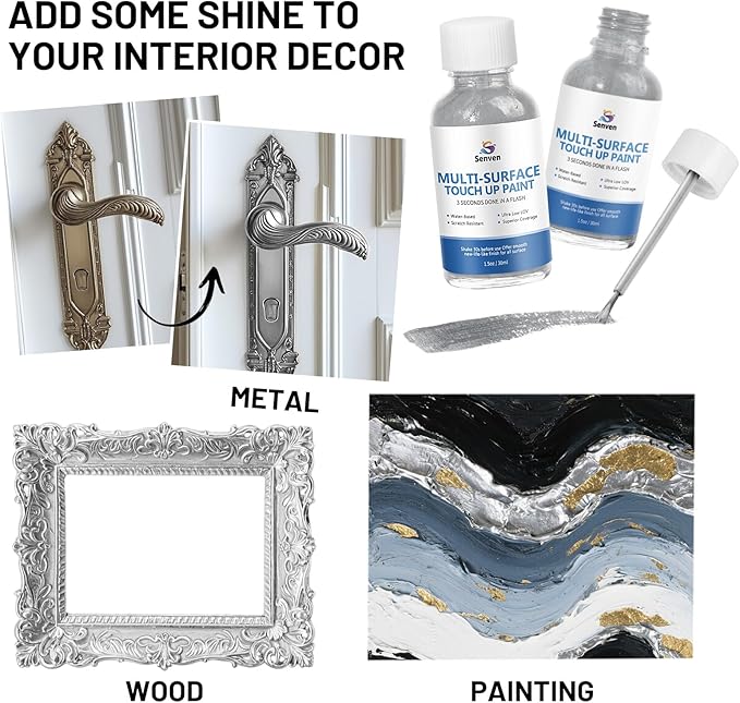 SENVEN Liquid Silver Leaf Paint High Gloss Multi Surface Rich Silver Paint for Metal, Wood, Plastic, Canvas, Appliance, Furniture Scratch Repair & Art Handcrafts 30ml/1.5oz Fast Drying Acrylic Metallic Finish