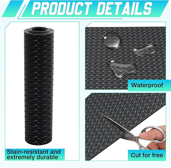 Breling 12 in x 10 ft Rubber Diamond Plate Rolls Mats, Heavy Duty Flooring Rug for Trailers Garage, PVC Water/Stain Outside Stall Resistant Parking Rv Tool(Black)