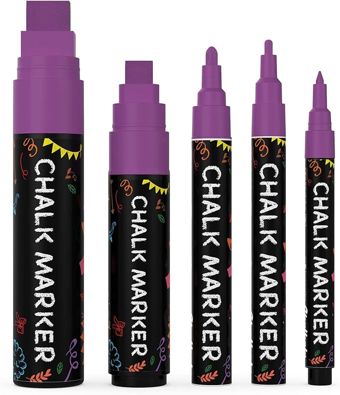 5 Purple Chalkboard Chalk Pens - Purple Dry Erase Markers for Blackboard, Chalkboard Signs, Windows, Glass | Variety Pack - Fine & Jumbo Size Ink Pen (1mm, 3mm, 6mm, 10mm, 15mm)