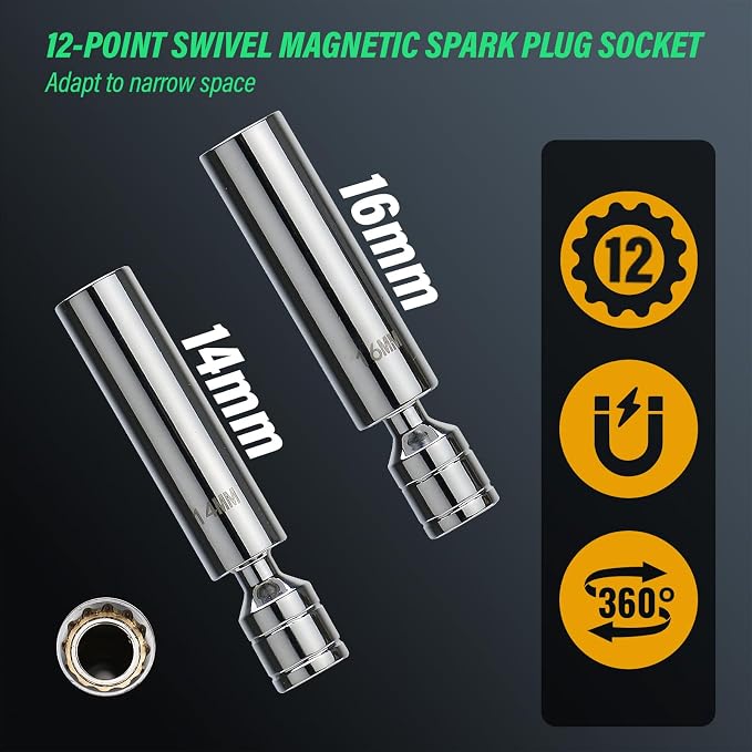 14PCS 3/8 Drive Torque Wrench 5-45ft.lb, Magnetic Spark Plug Socket Set with 3/8" Universal Joint & 10" Extension Rod, Cr-V Steel Swivel Sockets for Automotive Tools