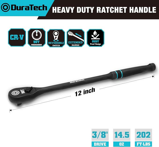 DURATECH Extra Long Handle 3/8-Inch Drive Ratchet, 90-Tooth Ratchet Wrench | Socket Wrench with 12" Handle and Dust Proof Teardrop Enclosed CR-MO Head, Reversible, CR-V Made, Black Mn Phosphate Finish