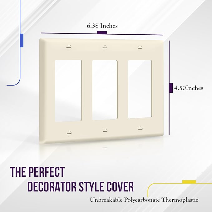 ENERLITES Decorator Light Switch or Receptacle Outlet Wall Plate, Gloss Finish, Size 3-Gang 4.50" x 6.38", Polycarbonate Thermoplastic, 8833-LA, Light Almond
