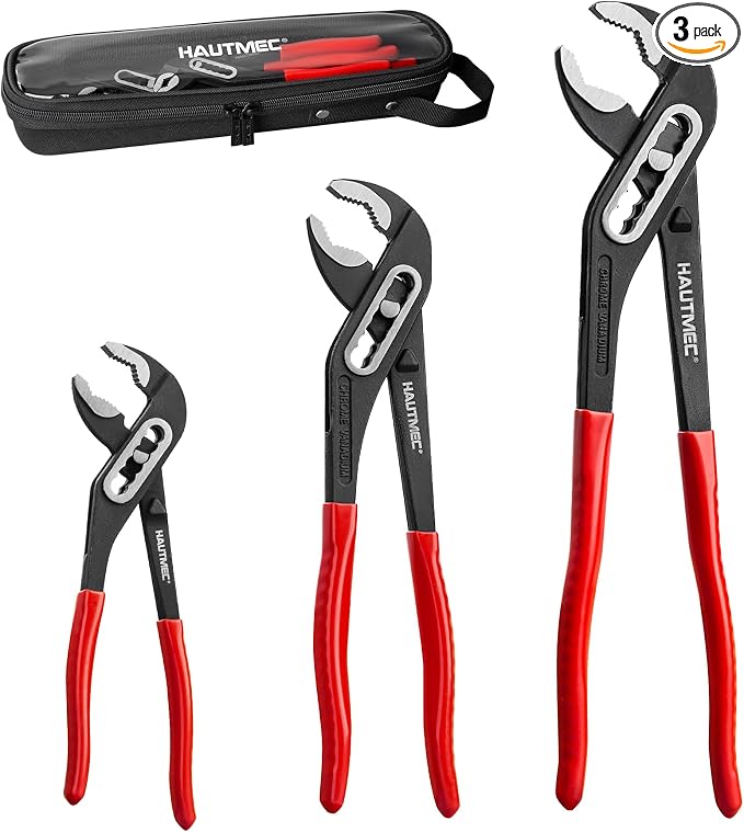 HAUTMEC 3PCS Water Pump Pliers Set, Fast Adjustable Tongue and Groove Joint Pliers Tool Set, Self-Locking Groove, CRV Steel V-Jaw & Comfort Grip, Wider Opening & 7 Positions, 7/10/12 Inch for Plumbing