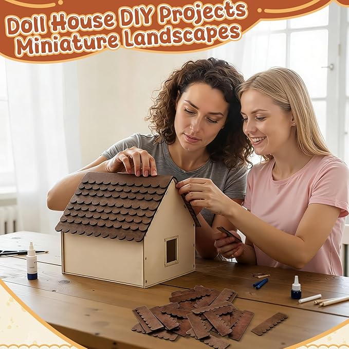 Wenqik 100 Strips Dollhouse Roof Shingles 4.25 x 1.14 Inches Each Mini Fish Scale Wooden Dollhouse Miniature Roofing for 1: 12 Scale Doll House Projects DIY Miniature Landscapes (Brown)