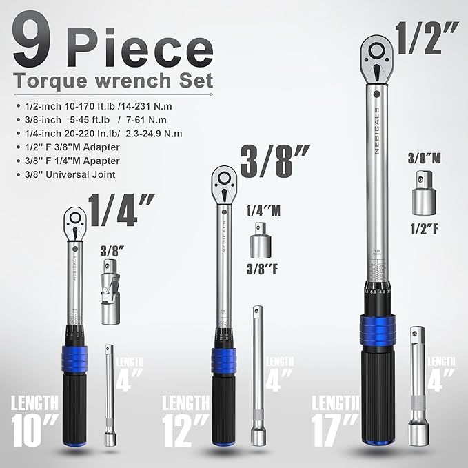 9PCS Torque Wrench Set 1/4 20-220 Inlb,3/8 5-45 &1/2 10-170 Ftlb,6 extension bar&adapter,±3% Accuracy,72 T,Dual Scale,Chrome plated, anti-rust,not scratch&wear-resistant than Black,DIY,car,bike&truck