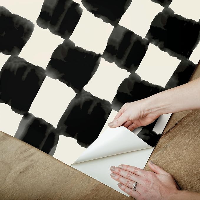 Mr. Kate RoomMates Tess Watercolor Soft Black Checker Peel and Stick Wallpaper, Vinyl, 20.5-in x 18-ft