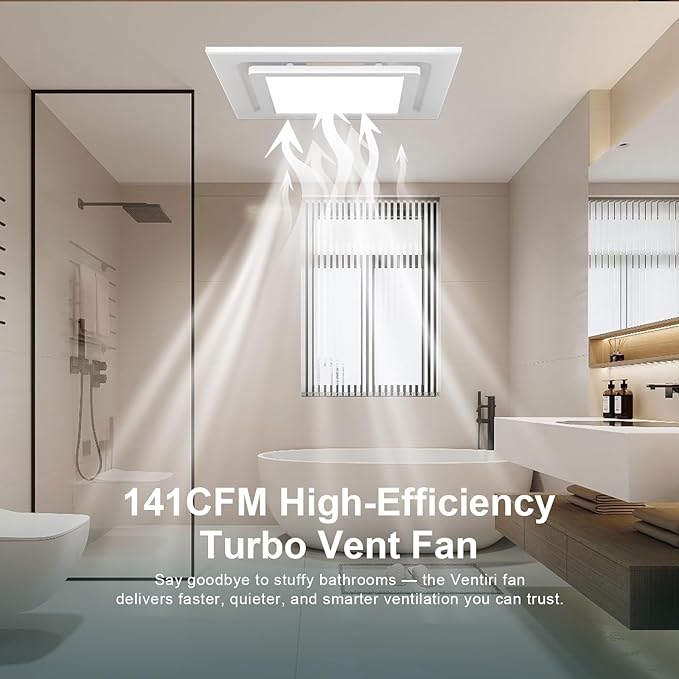 Bathroom Exhaust Fan with Light, 12 INCH, Upgraded Quiet Square Vent Fans with Adjustable LED Light, 141 CFM, for Bathroom, Office, Home