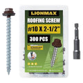 LIONMAX Metal Roofing Screws #10 × 2-1/2 Inch, 300-PCS, Brown Painted Hex Head Sheet Metal Roof Screws, Rubber Washer, Sharp Point, Metal to Wood Siding Screws, Hex Socket Included