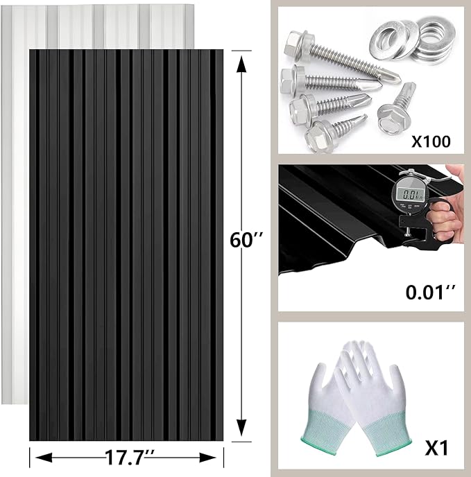 Metal Roofing Panels - 20 Pcs Waterproof Heavy Duty Metal Roof Panels Galvanized Steel Corrugated Tin Roof Panel for Carports Tool Sheds Patio Porch Pergola, Easy to Install Black, 60.6x17.7in