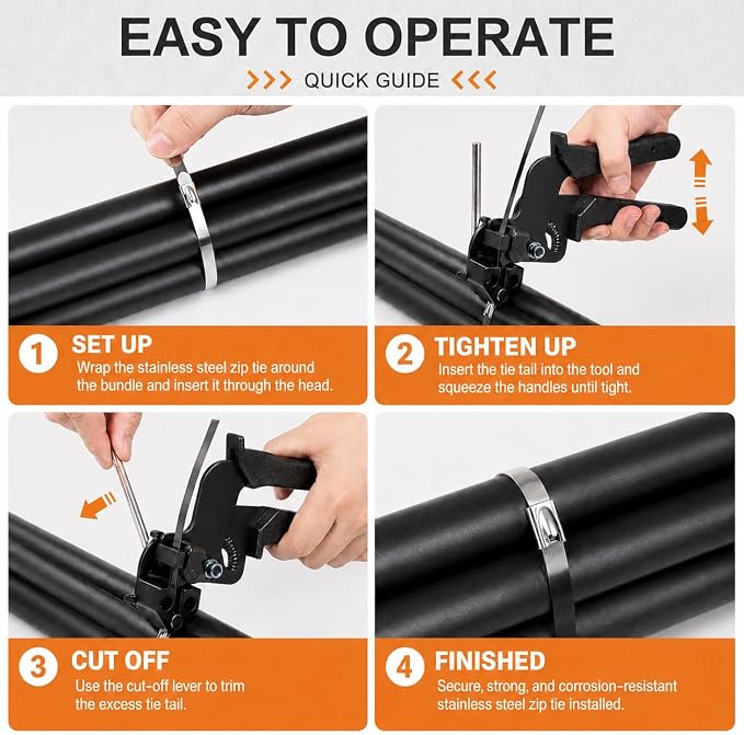 450Pcs Metal Zip Ties Gun Kit, Silver 8/12/16in & Black 8/12in Stainless Steel Zip Ties, Heavy Duty Cable Tie Fastening Cutting Tool Set with Organizer, Gloves, Storage Bag for Fence, Exhaust Wrap
