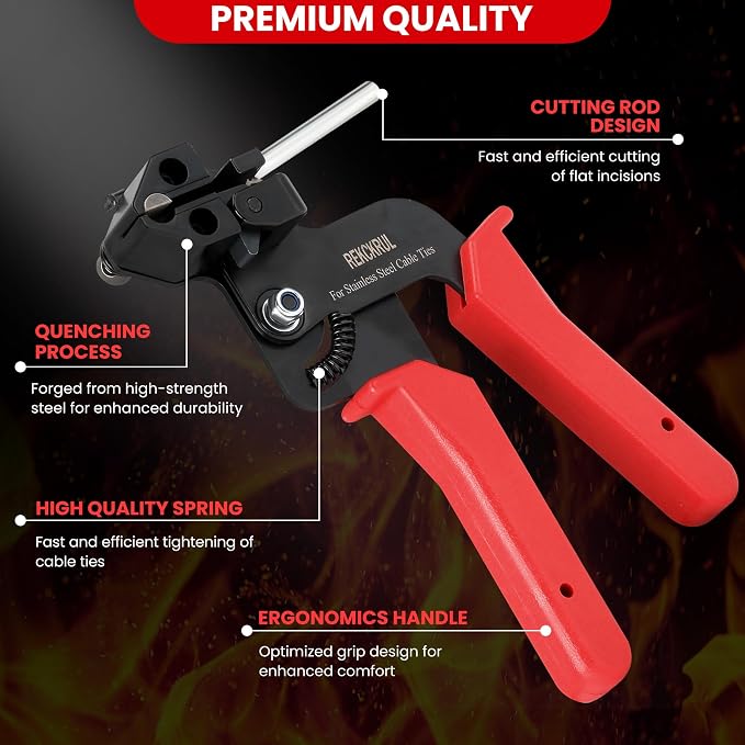 Stainless Steel Cable Tie Gun Set Metal Zip Tie Tool Kit (Red) | Heavy Duty, 150PCS Self-Locking Ties, Adjustable Fastening & Cutting Tool for Outdoor Fencing, Automotive, Exhaust Pipes