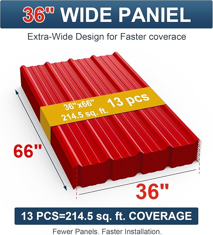 13 Pack PPGI Metal Roofing Panels, 66" x 36", 28 Gauge, 214 Sq. Ft. Coverage, Prepainted Galvanized Steel Sheets for Residential, Commercial, Pergolas, Gazebos, Fencing, and Patio Roofs（Red）
