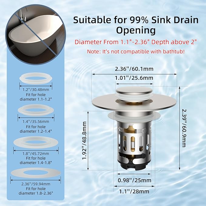 Hibbent Upgraded 3 in 1 Bathroom Sink Drain Strainer, Universal Pop Up Stopper with Removable Stainless Steel Filter Basket Hair Catcher, Sink Plug for 1.1''~2.36'' Basin, Brass Core, Brushed Nickel