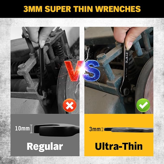 ELEAD 9-Piece Super-Thin Open End Wrench Set, SAE 1/4"-1-1/16", CR-V Nickel Plated, 3 mm Thickness Ultra-Slim Wrench Set for Tight Spaces, Durable Roll-Up Pouch for Mechanics