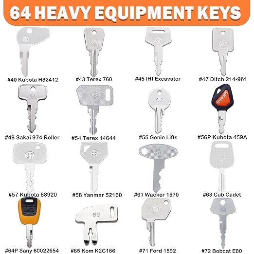64 Heavy Equipment Keys, Master Equipment Key Set for Cat Caterpillar John Deere Komatsu Volvo Bobcat Kubota JCB Case New Holland Hitachi Hyster Yanmar Takeuchi Contractor Machinery