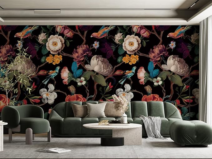 Zeeko Vintage Floral Wallpaper Peel and Stick Large Black Flower Wall Murals for Bedroom TV Background Wall Paintings Art Deco 98" H x 59" W