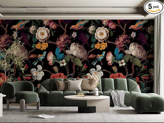 Zeeko Vintage Floral Wallpaper Peel and Stick Large Black Flower Wall Murals for Bedroom TV Background Wall Paintings Art Deco 148" W x 98" H
