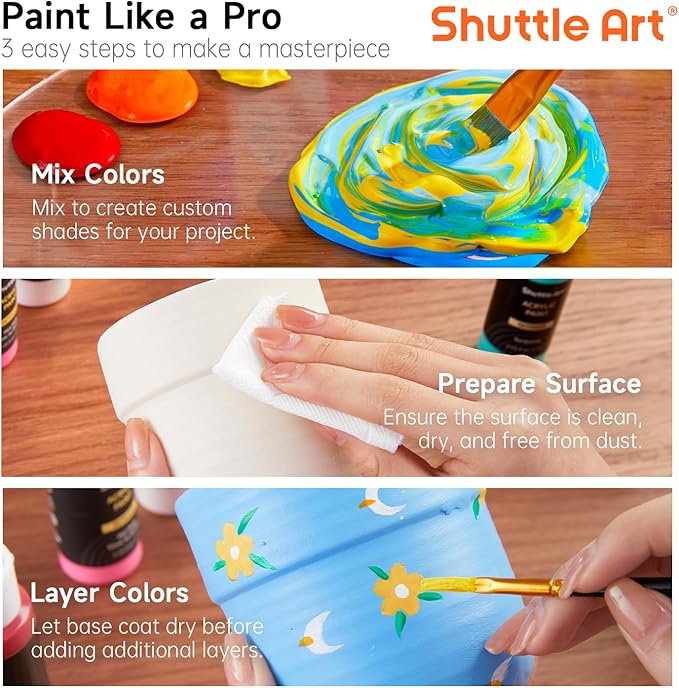 Shuttle Art Outdoor Acrylic Paint Set, 12 Colors Waterproof Paint, 8.45oz/250ml Large Bottles, Rich Pigmented Bulk Painting Supplies for Artists, Beginners on Rocks, Wood, Wall, Crafts, Garden Statues