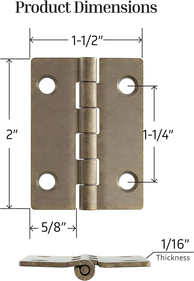 Antique Brass Butt Hinges - 2" x 1-1/2" - Pack of 20 - Flush Mount Cabinet Door Hinges - Furniture Hardware - BH7-SAB (10)