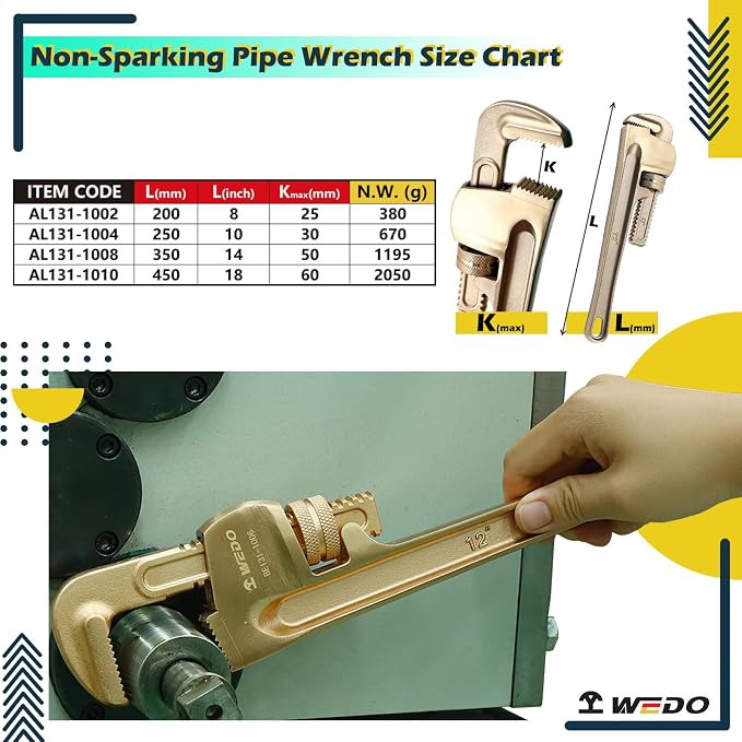 WEDO Non-Sparking Pipe Wrench Set, 8" 10" 14" 18",4PCS Spark-Free Straight Plumbing Wrench Set, No Spark Safety Adjustable Spanner, Aluminum Bronze,Corrosion Resistant,DIN/BAM/FM Standard