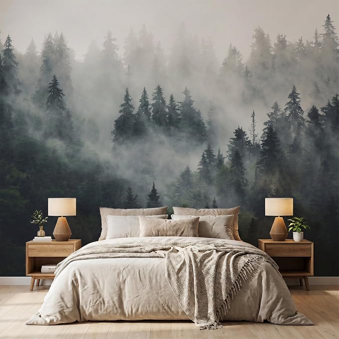 MFWFM Misty Forest Peel and Stick Wallpaper Foggy Forest Scenic Wall Murals | 137"x96", for Bedroom Living Room Bathroom, Self Adhesive Canvas