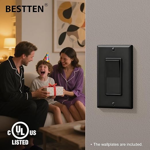 BESTTEN 10 Pack Single Pole Decorator Wall Light Switch with Wallplate, 15A 120/277V, On/Off Rocker Paddle Interrupter, UL Listed, Black