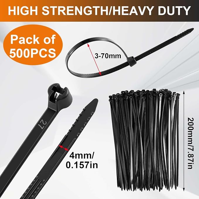 Blulu 500 Pcs 7 Inch Cable Zip Ties with Metal Tooth Stainless Steel Locking Device, Black Nylon Cable Ties, 50 Lbs Tensile Strength, UV Resistant Wire Wraps Multi Purpose for Indoor Outdoor Use