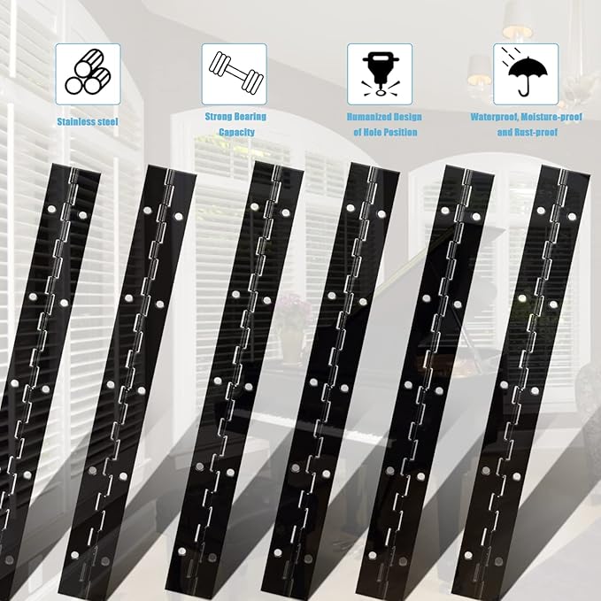 12In Piano Hinge Sets, 6Pcs Heavy Duty Door Hinges with Holes, Stainless Steel Piano Hinge for Mailbox, Wood Furniture Tool/Storage Boxes, Cabinets Door, Piano