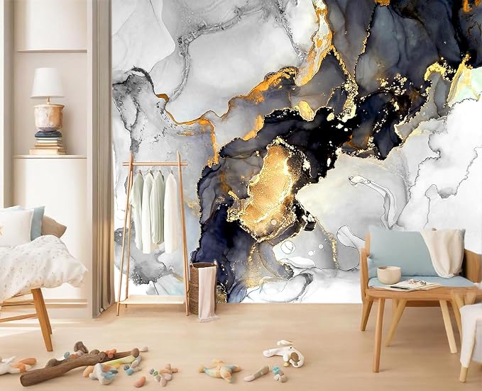 YIHWM-Peel and Stick Grey Marble Wallpaper Gold Geometric Abstraction Mural | Tear-resistant,with a substantial feel;Will not be damaged during repositioning.Bathroom,Bedroom wallpaper.XL-157"x108"