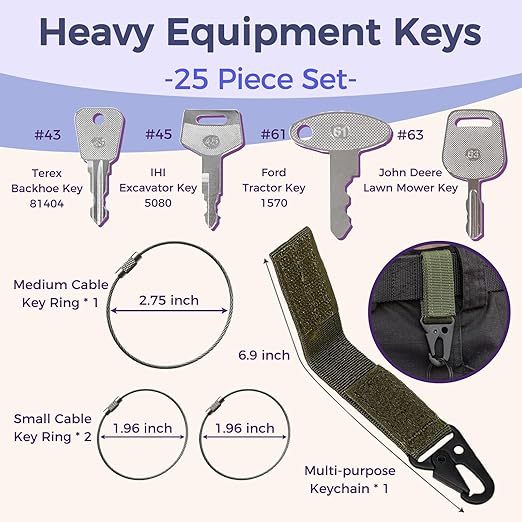 Contractors Equipment Key Set Construction Equipment Multi Keys fit Common Major Equipment Manufactures Forlift Excavator Tractor Lodaer JD Case Hitachi CAT JCB Kobelco and More Construction Keys
