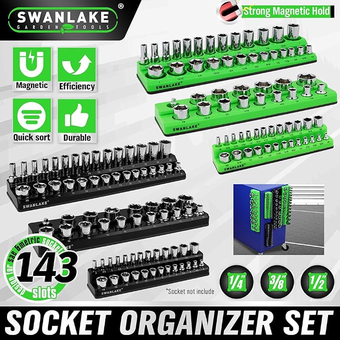 Magnetic Socket Organizer Set, 6-piece 1/4", 3/8", 1/2" SAE & Metric Sockets Holder, Drive Socket Trays, Storage Tool Box, Holding 143 Slots, Soft Rubber Covering Black Green Tools