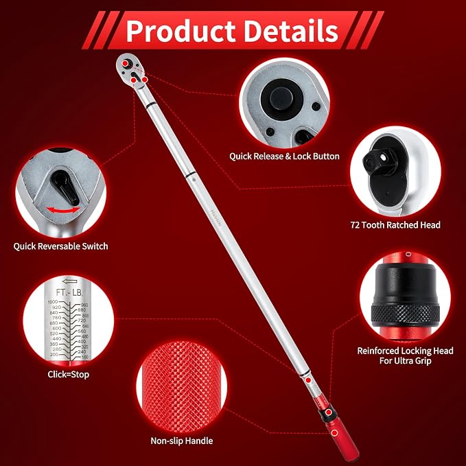 Hairich 3/4- Drive Click Torque Wrench,48 Tooth, 160-1000ft.lb/217-1356Nm | Dual-Direction Adjustable Torque Wrench, Professional Inch Pound Torque Wrench, for Maintenance Tool and Product Assembly