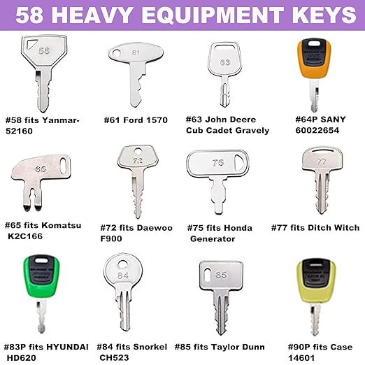 58 Heavy Equipment Key Master Set, Construction Ignition Key Heavy Machinery Fits Cat Caterpillar John Deere Komatsu Bobcat Kubota JCB Case Hyster Yanmar Daewoo Takeuchi New Holland