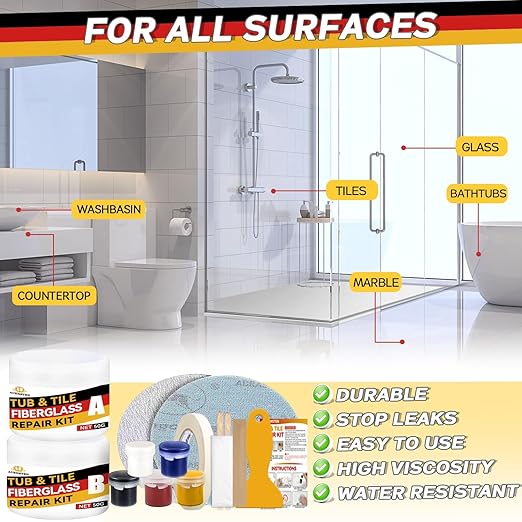 Bath Tub Repair Kit, Fiberglass Tile and Shower Repair Kit Porcelain Repair Kit, Bathtub Repair Kit Repair Chips Dents Cracks Scratches from Ceramic, Marble, Quartz, Resin, Acrylic