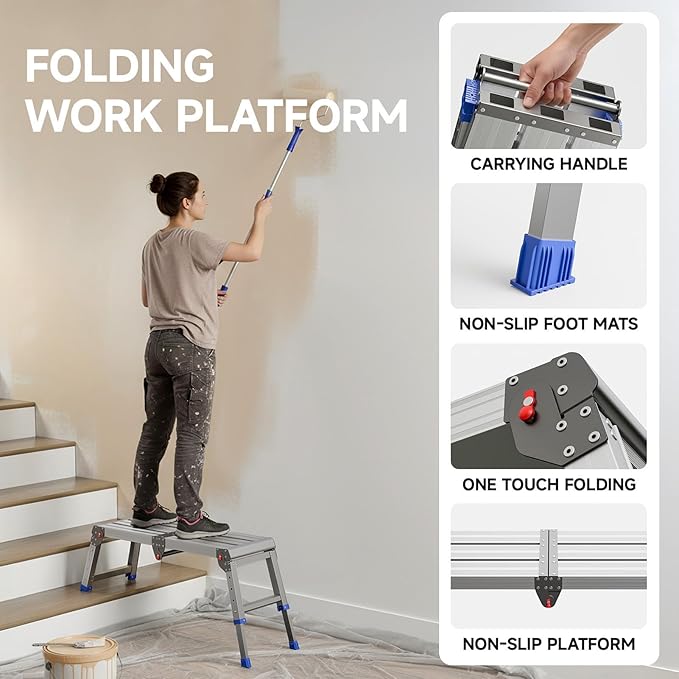 Loyoda Adjustable Folding Work Platform 500 lbs - Lightweight Aluminum Step Stool Ladder for Washing Vehicles, Cleaning, Painting, Reaching High Items | Standard Size 33" x 12" x 19.5”