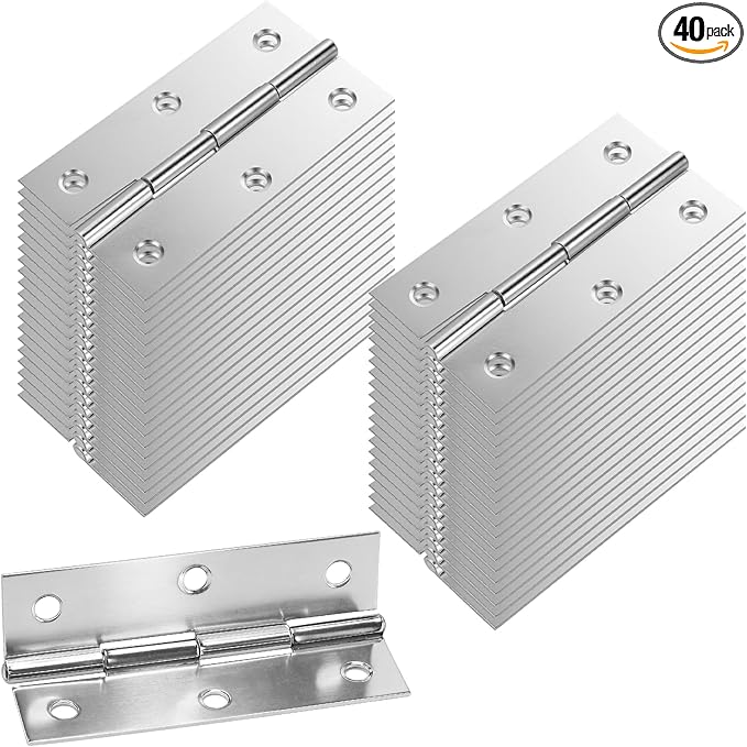 40 Pack 2.6 x 1.45 Inch Folding Hinges, Stainless Steel Cabinet Butt Hinges for Furniture, Drawer, Door, Silver