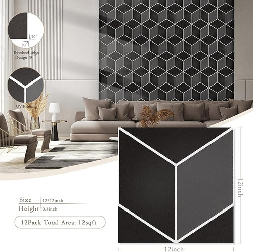 12Pack Acoustic Panels, Self-Adhesive Sound Proof Panels for Walls, Decorative 3D Textured Printing Sound Dampening Panels Sound Absorption Tiles for Studio, Office, Home, 12×12×0.4", Black