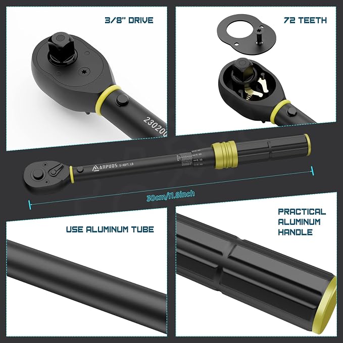 3/8" Click Torque Wrench, 5-45 Ft-Lb/6.8-61 Nm, Lightweight Aluminum | ±3% Accuracy, Small Mini, 72-Tooth Reversible Ratchet, Dual Scale, for Bike, Motorcycle, Auto Spark Plug Repair, DIYers