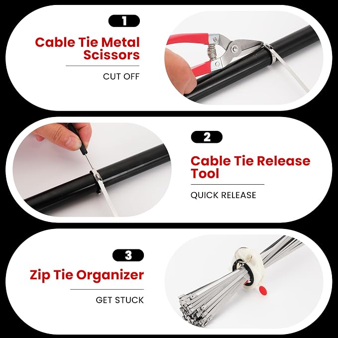 Stainless Steel Cable Tie Gun Set Metal Zip Tie Tool Kit (Black) | Heavy Duty, 150PCS Self-Locking Ties, Adjustable Fastening & Cutting Tool for Outdoor Fencing, Automotive, Exhaust Pipes
